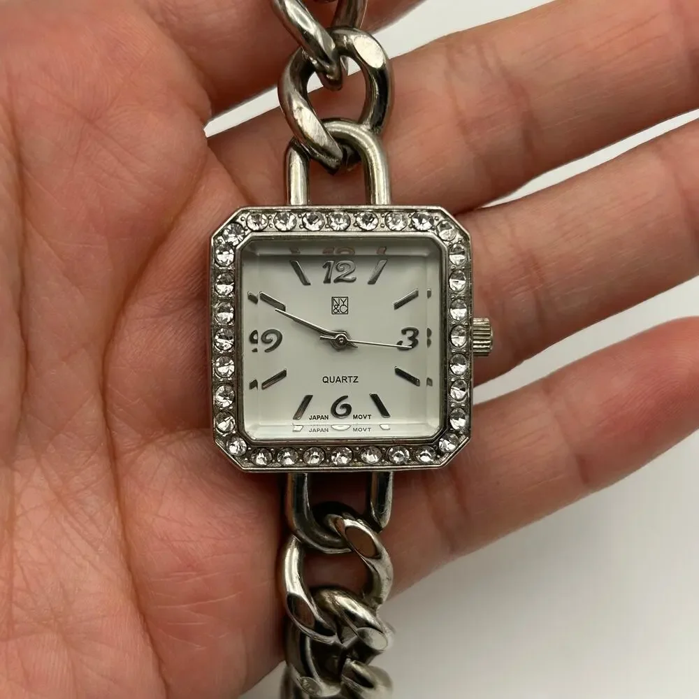 NY&Co Silver-tone Square Dial Chain-link Bracelet Watch Working New Battery
